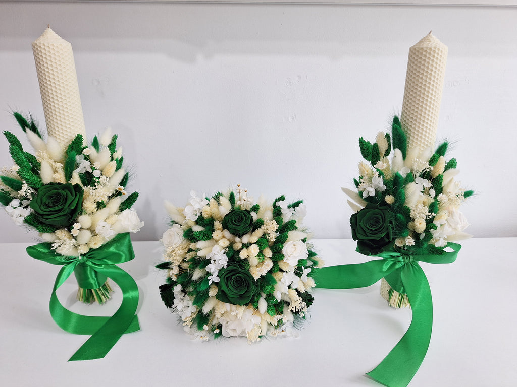 Set lumânări și Buchet flori uscate și criogenate