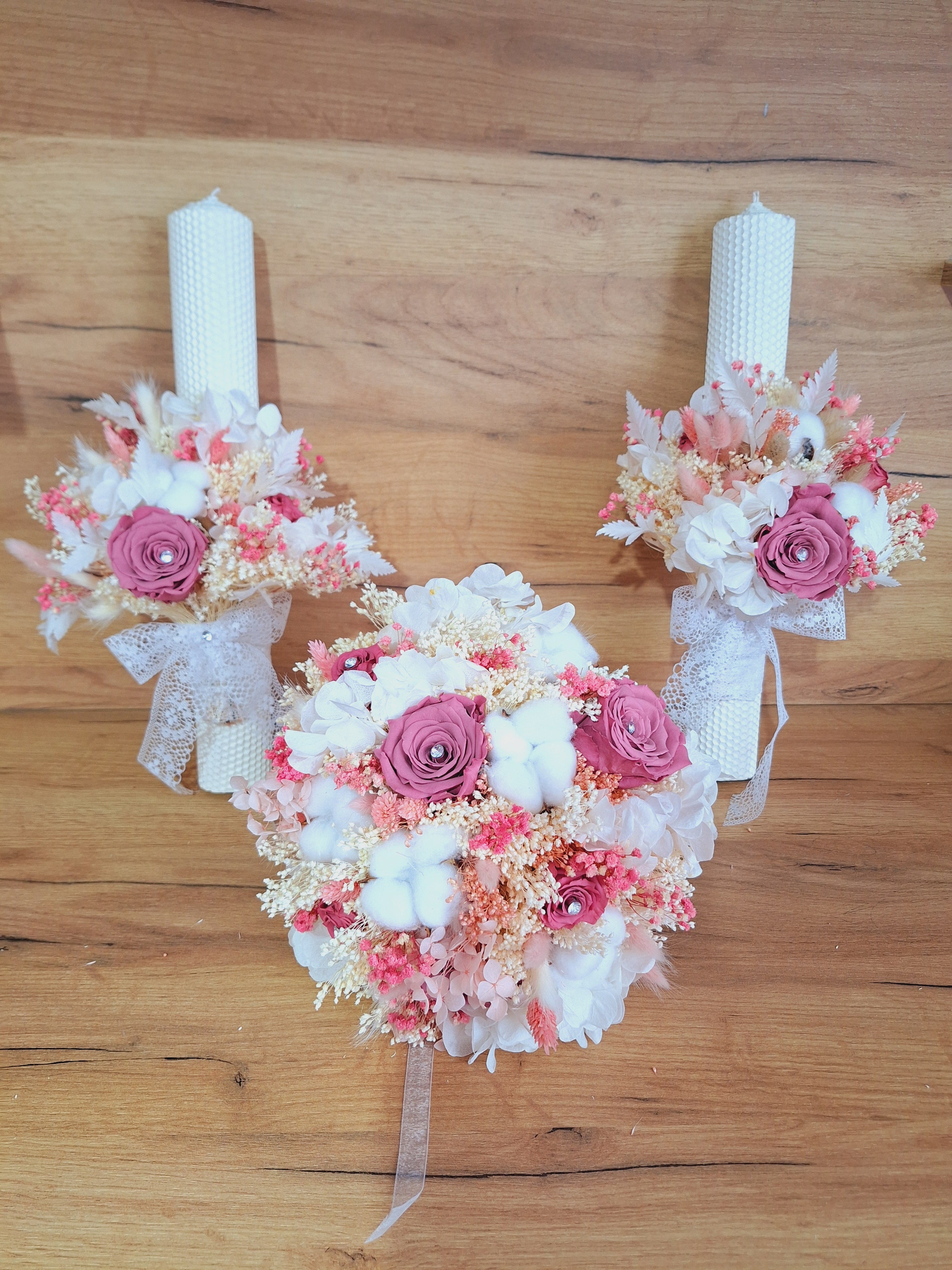 Set lumânări și Buchet flori uscate și criogenate