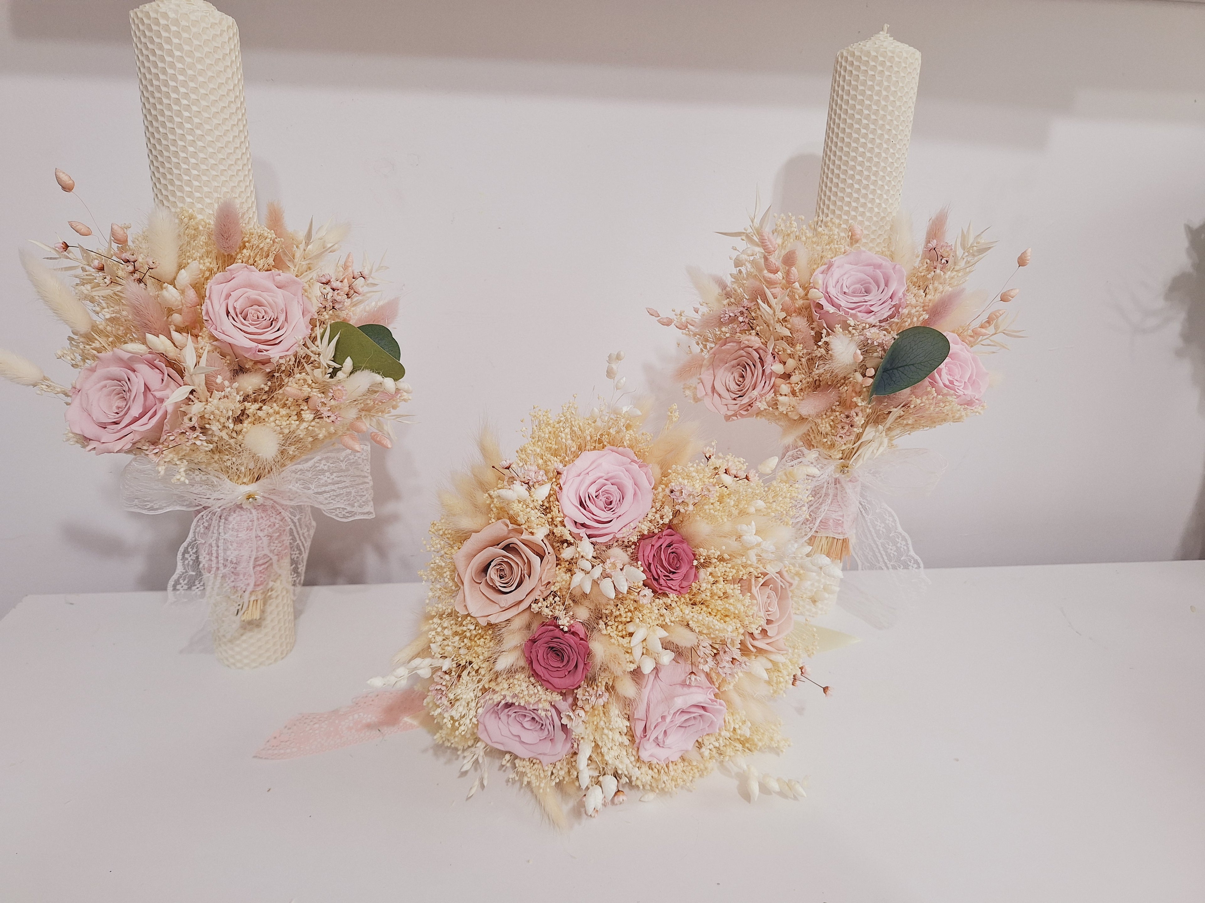 Set lumânări și Buchet flori uscate și criogenate