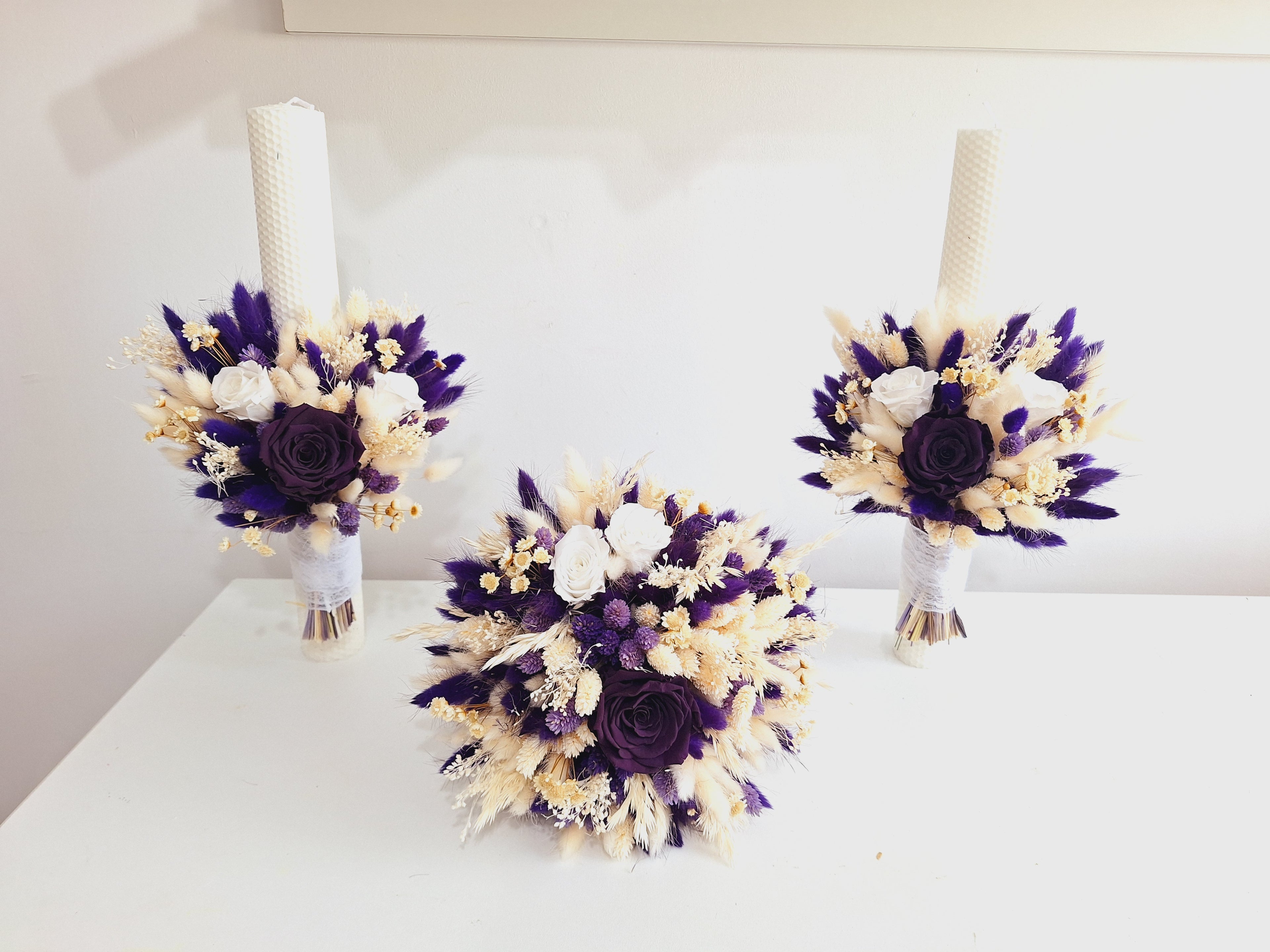 Set lumânări și Buchet flori uscate și criogenate