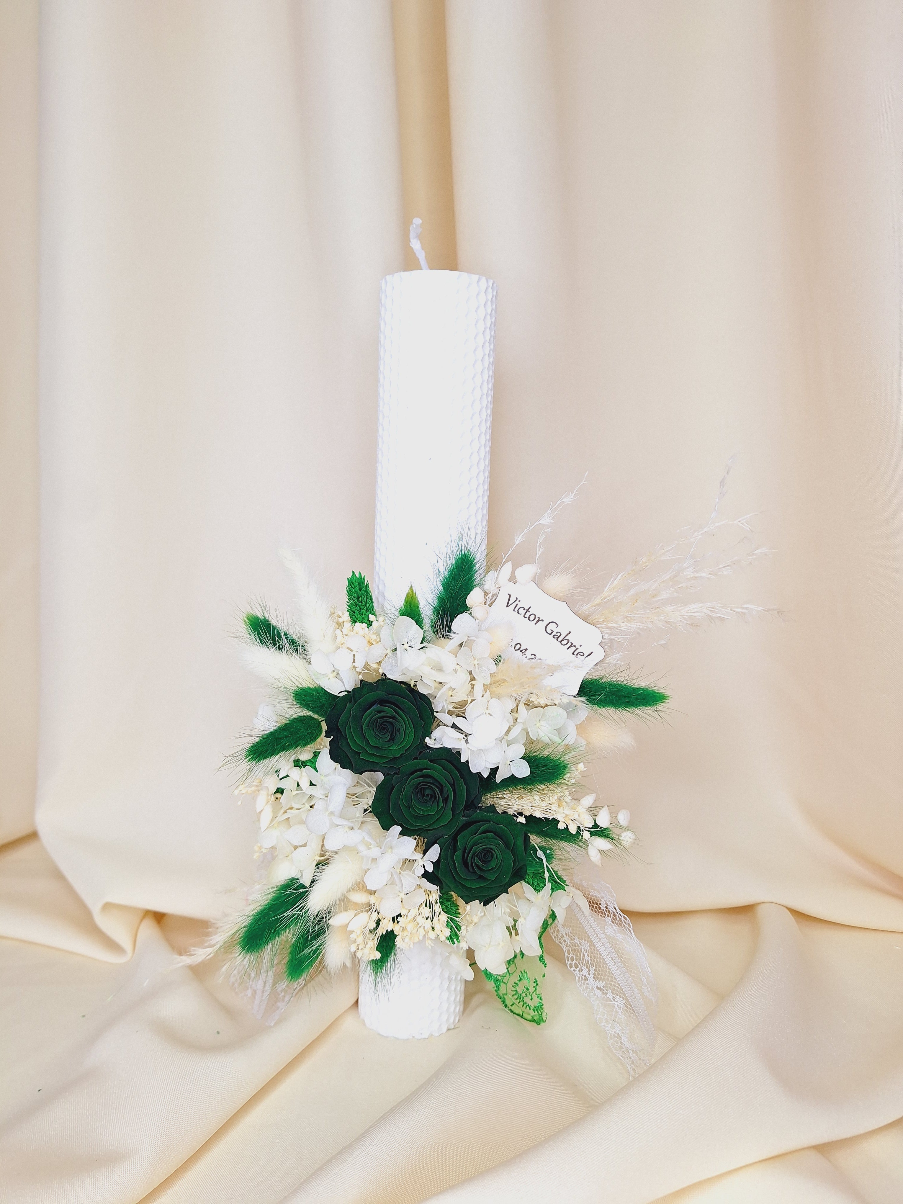 Lumânare botez flori criogenate și flori uscate