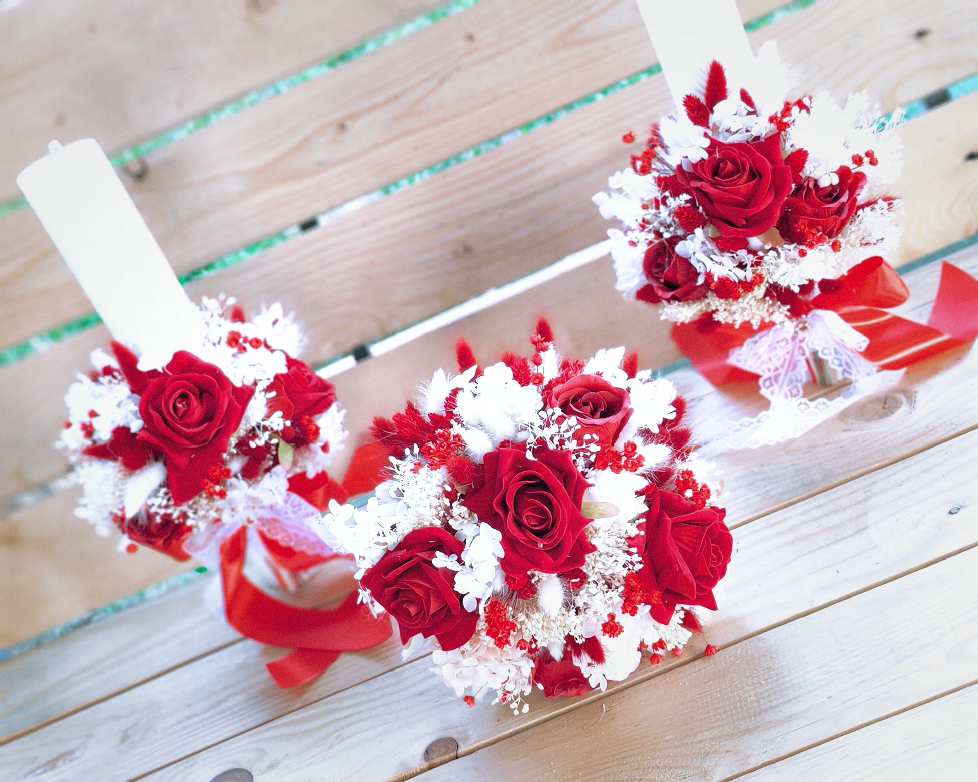 Lumânări și buchet flori uscate și mătase