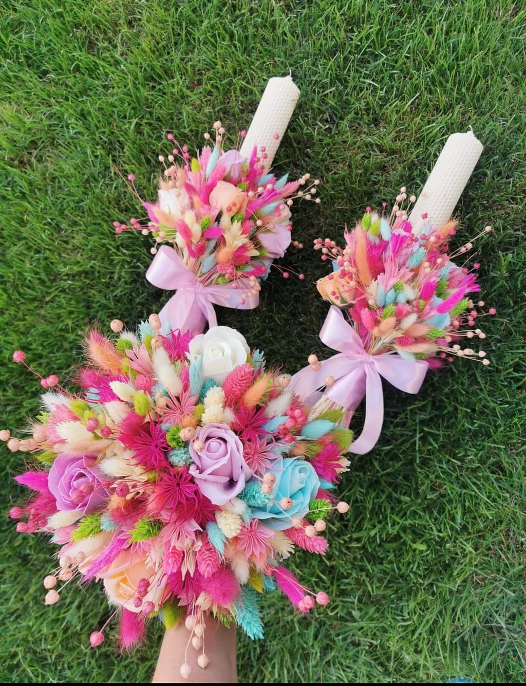 Set 2 lumânări și Buchet flori uscate