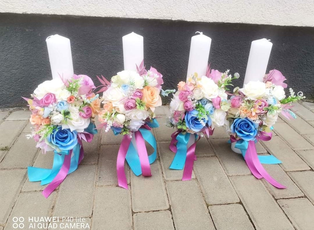 Set 2 lumânări și Buchet flori mătase